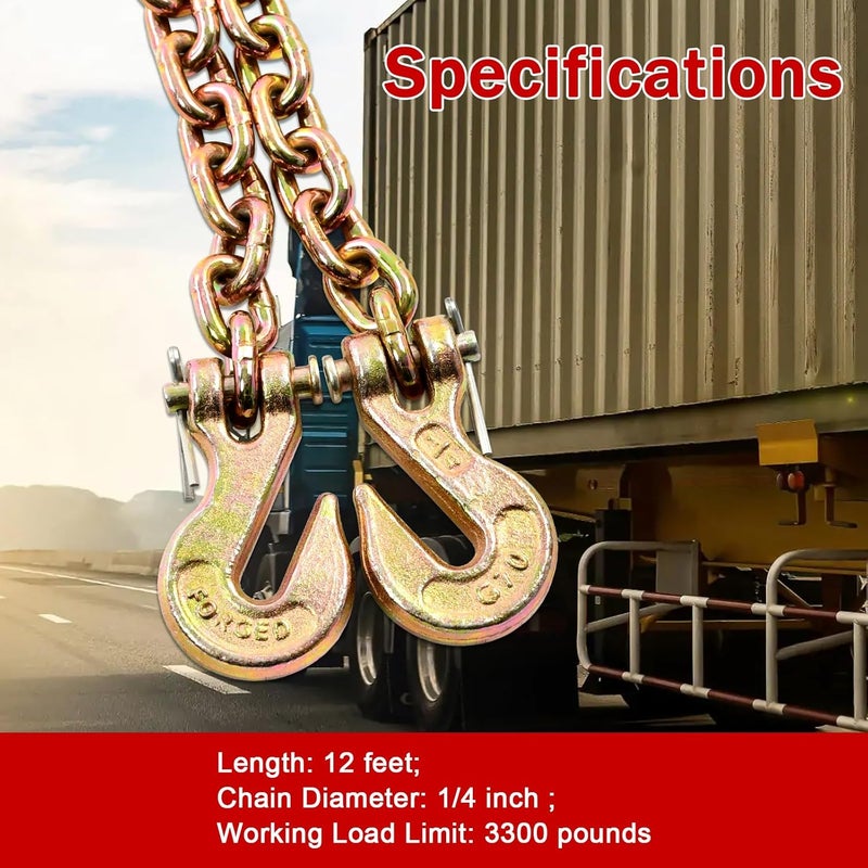 BIGREAT Heavy Duty G80 Transport Binder Chain 1/4'' Inch x 12 Feet,Tow Chain with G70 Clevis Grab Hooks,3300 lbs Safe Working Load Logging for Transporting, Towing(1/4'' x 12FT Yellow). - Image 2